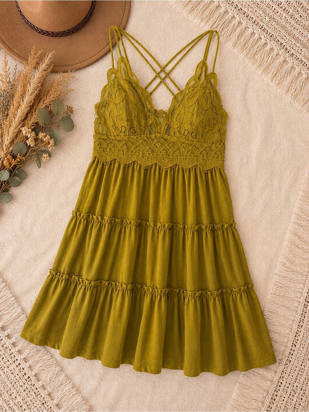 Citrine Lace Tiered Strappy Mini Dress